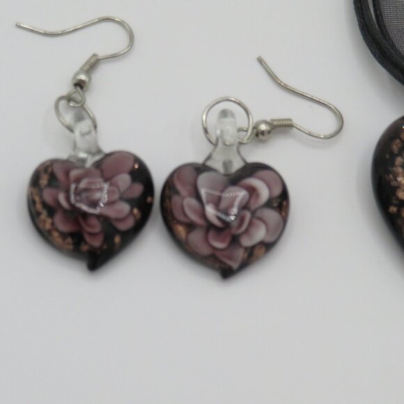 Murano Style Art Glass Heart Pendant Necklace Earrings Set - Picture 9 of 12